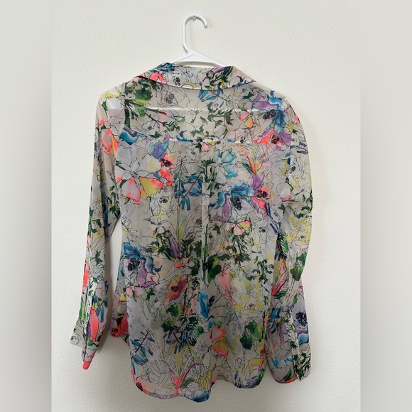 Express The Portofino Shirt Colorful Floral Sheer Blouse - Picture 2 of 4
